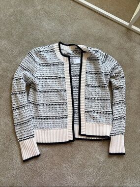 LOFT Cream and navy Striped Open-Front Knit Cardigan